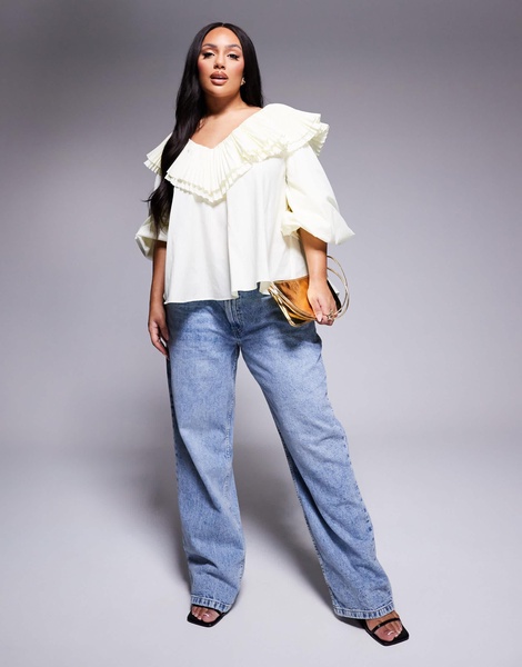 ASOS LUXE Curve cotton poplin pleated oversized blouse in buttermilk