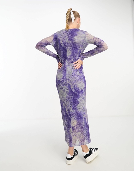 Monki mesh midi dress in purple and green swirl print