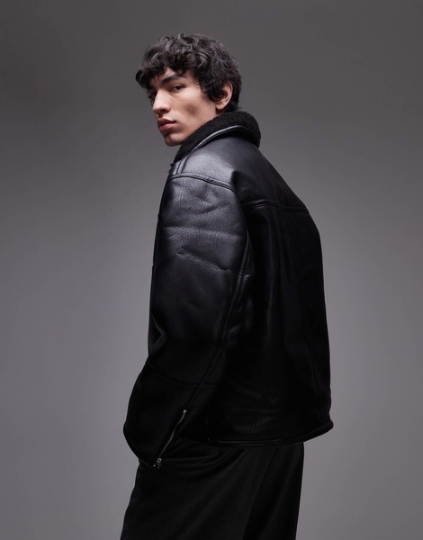 Topman faux leather shearling jacket with pocket detail in black
