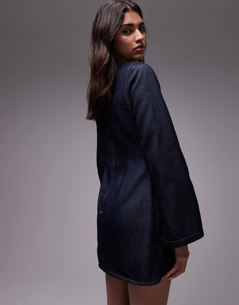 Topshop denim long sleeve shift dress in raw look indigo