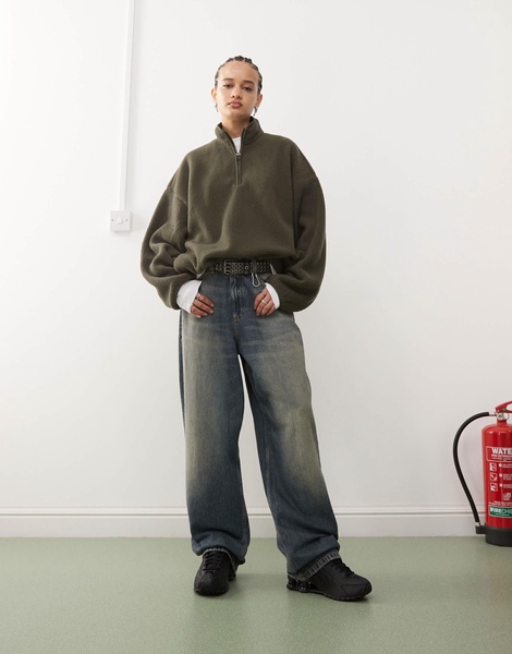 Weekday Carro half zip teddy sweatshirt in khaki