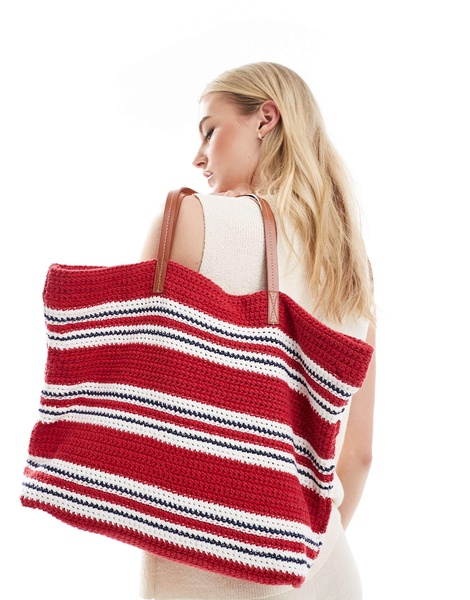 ASOS DESIGN hand crochet look knit tote bag in red and blue stripe