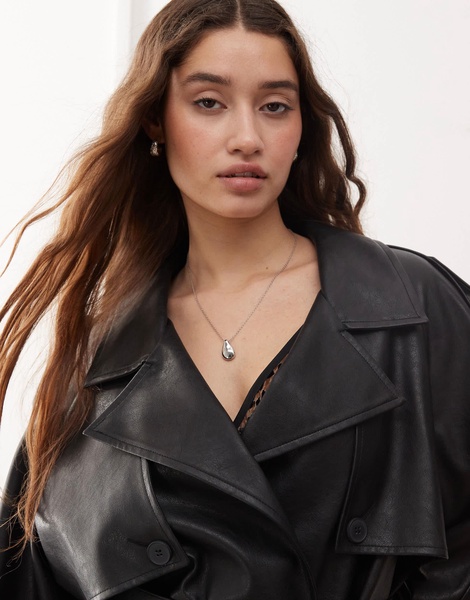 Miss Selfridge mid length faux leather oversized trench coat in black
