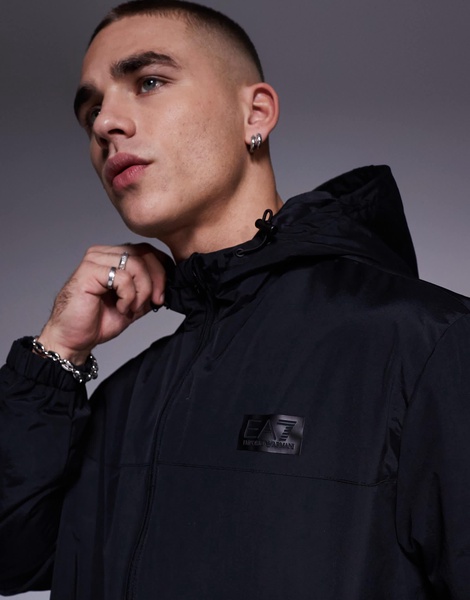 Armani EA7 hooded logo rain jacket in black