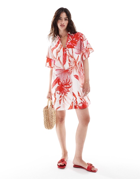 ASOS DESIGN short sleeve linen blend boxy mini shirt dress in red tropical print