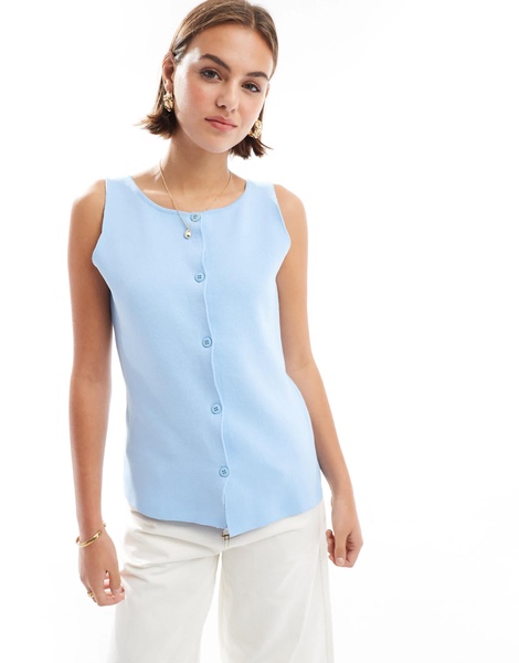 ASOS DESIGN knit extreme slash neck button up tank top in blue