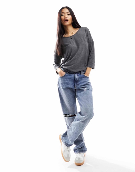 ONLY wide neck 3/4 sleeve top in charcoal melange