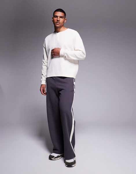 ASOS DESIGN oversized boxy long sleeve henley waffle T-shirt in cream