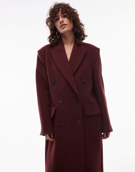 ARKET wool blend double breasted maxi coat in dark burgundy