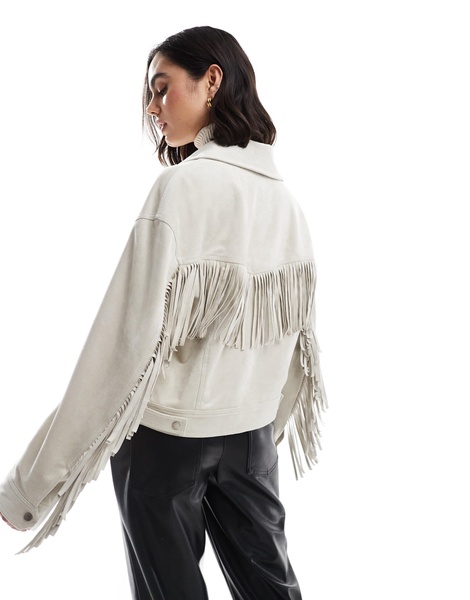 Bershka faux suede fringe detail jacket in ecru