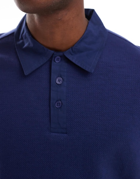 Another Influence textured interlock button detail rugby shirt in navy