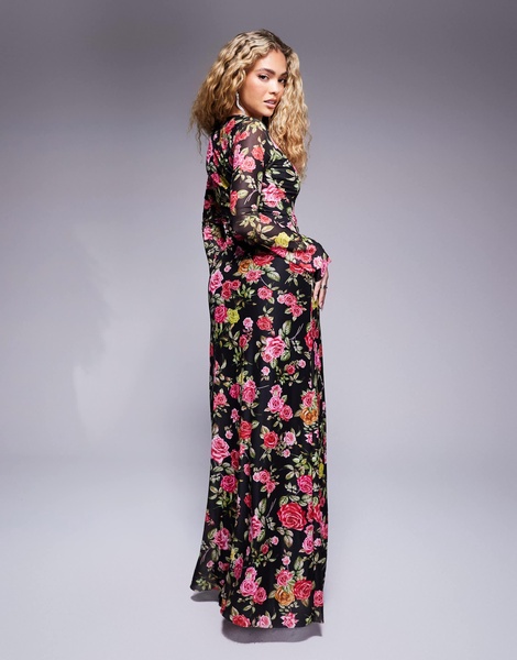 AFRM Ruby long sleeve plunge maxi dress in wallpaper rose print