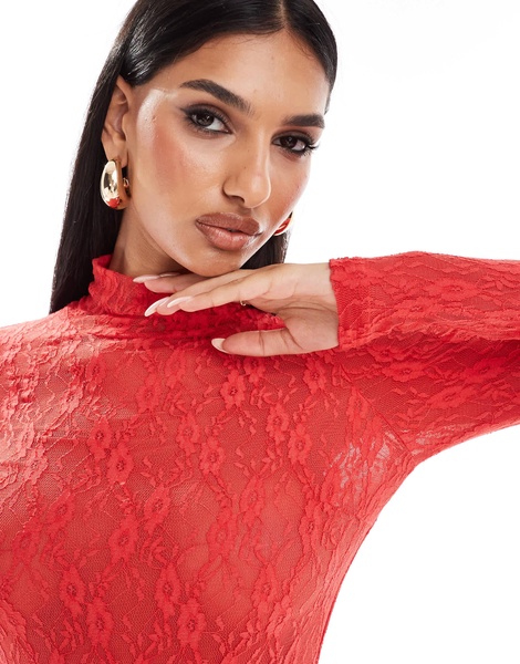 Aria Cove lace high neck long sleeve maxi dress in red