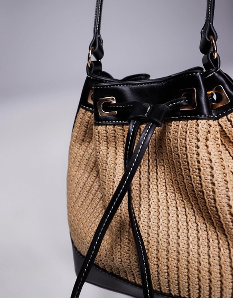 ASOS DESIGN straw bucket shoulder bag with contrast stitching in black