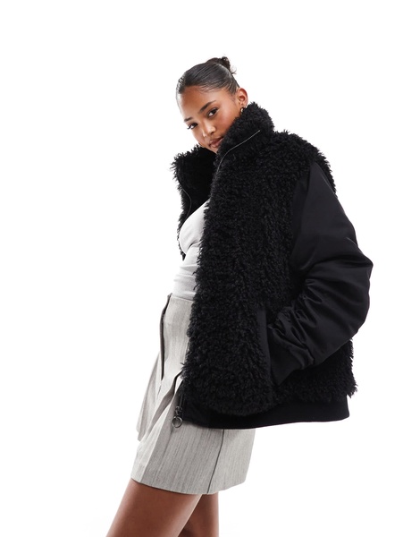 ASOS DESIGN borg patched hybrid bomber jacket in black