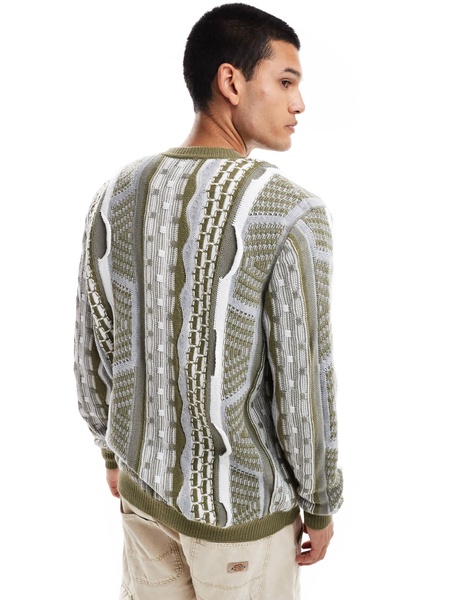ASOS DESIGN relaxed cable knit crew neck cardigan in textured green stripe