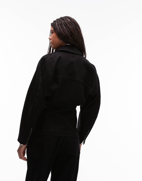 ASOS DESIGN denim 80's cinch moto jacket with hardware in black