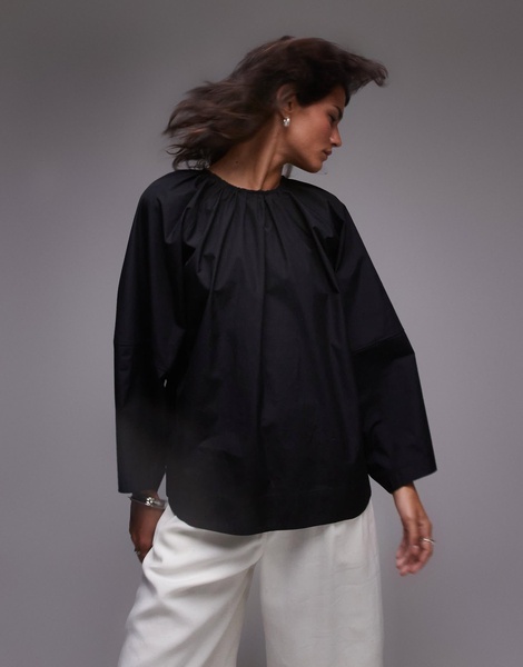 ARKET blouse with sculptural sleeves and gathered back detail in black