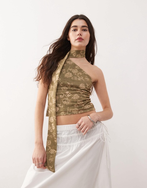 Reclaimed Vintage one shoulder scarf top in floral green print
