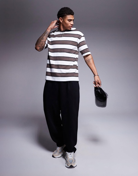 ADPT oversized stripe T-shirt in brown/cream