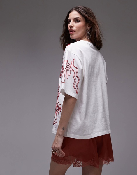 Topshop premium oversized embroidered vacation tee in white