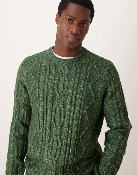 ASOS DESIGN heavyweight cable knit crew neck sweater in dark green