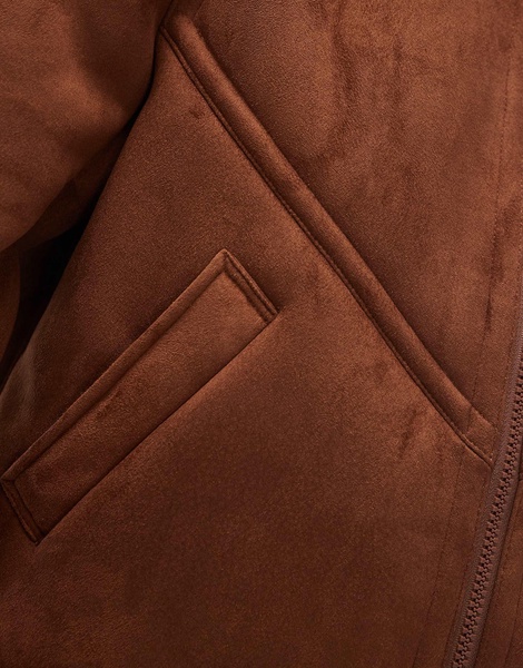 Topshop faux suede shearling bomber jacket in brown