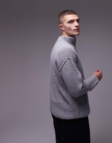 Topman oversized quarter zip sweater in gray heather