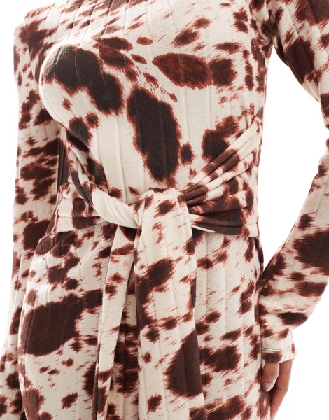 ASOS DESIGN chunky ribbed maxi dress with wrap waist in cow print