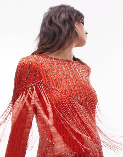 Topshop long sleeved chevron beaded fringe mini dress in orange