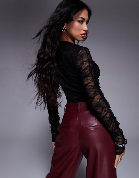 ASOS DESIGN ruched front lace long sleeve bodysuit in black