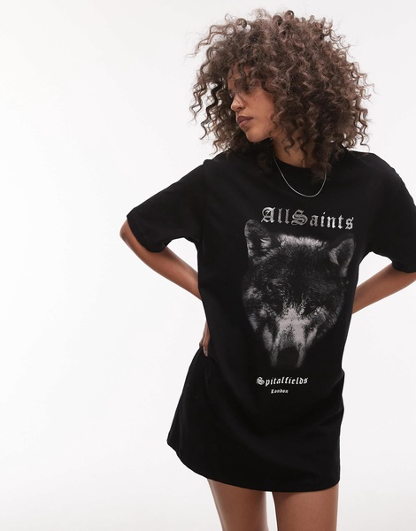 AllSaints Dawn wolf print t-shirt dress in black