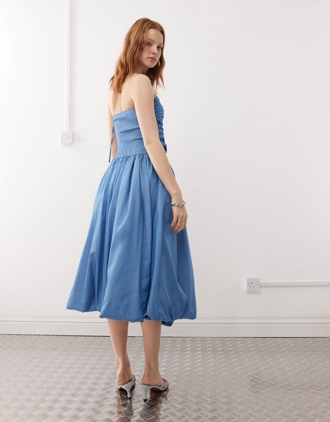 Amy Lynn Alexa tie shoulder puffball midi dress in blue chambray