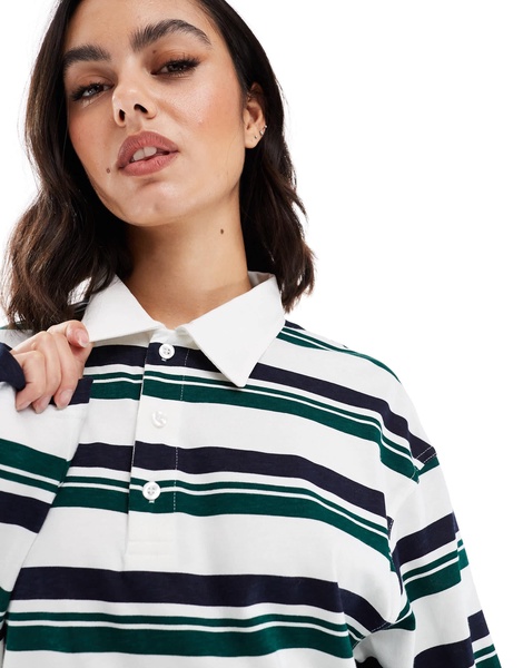 Bershka oversized rugby top in green stripe