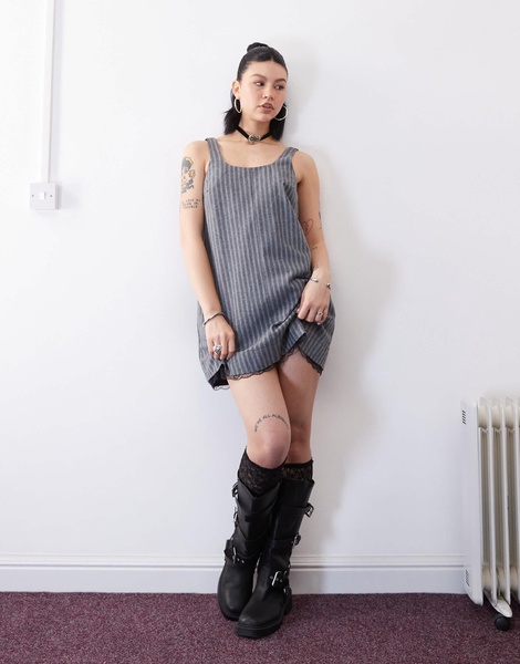 Reclaimed Vintage tailored trapeze pinafore dress with lace trim