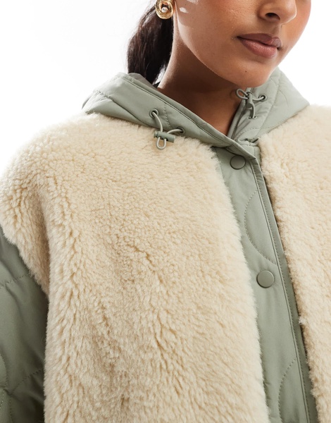 ASOS DESIGN hooded quilted borg jacket in sage