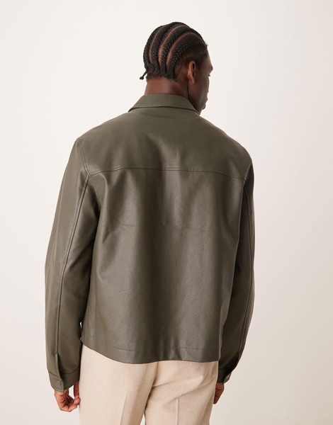 ASOS DESIGN faux leather cropped harrington jacket in khaki