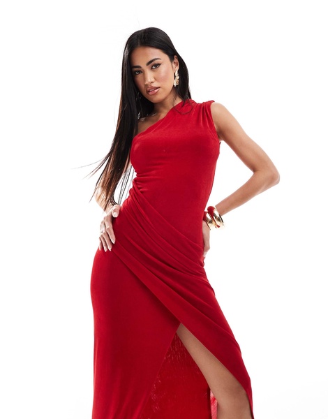 Aria Cove exclusive slinky one shoulder thigh split maxi dress in red