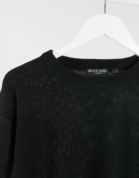 Brave Soul Petite grunge crew neck sweater in black