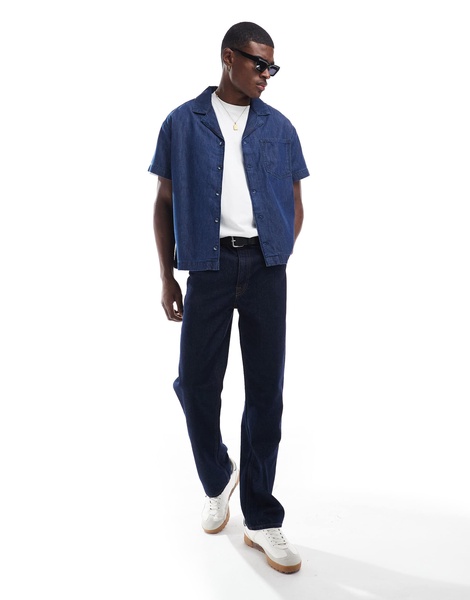 Another Influence revere collar boxy denim shirt in indigo blue