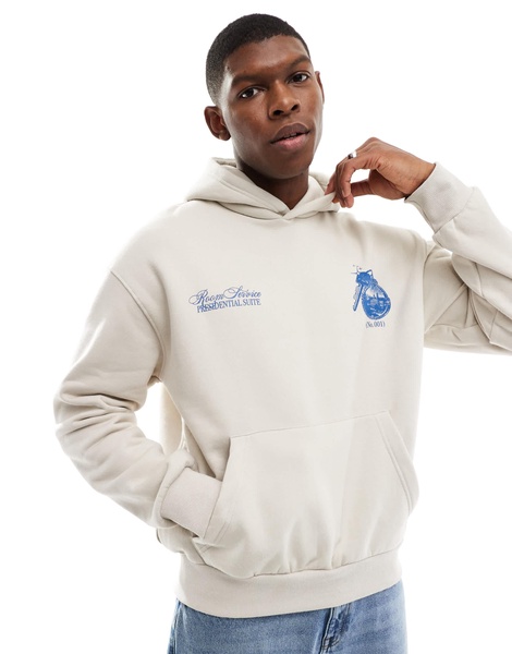 Bershka back graphic Hotel Llaves hoodie in ecru