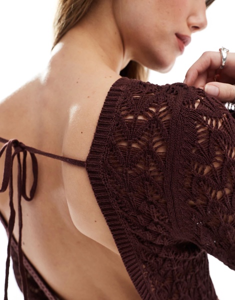 Miss Selfridge crochet low back long sleeve mini dress in chocolate