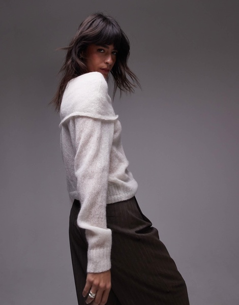 ARKET open knit sheer sweater with fold over off the shoulder in off white