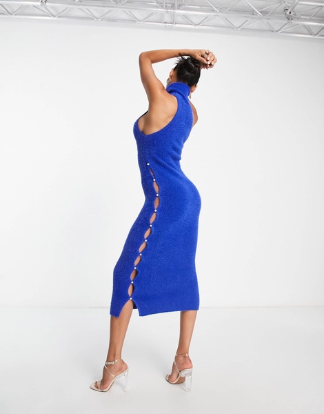Aria Cove fluffy high neck sleeveless midi dress with cut-out side detail in cobalt
