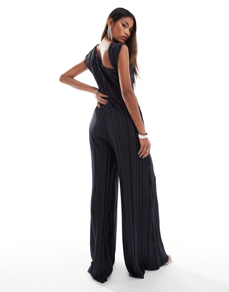 ASOS DESIGN plisse twist fallen shoulder jumpsuit in charcoal
