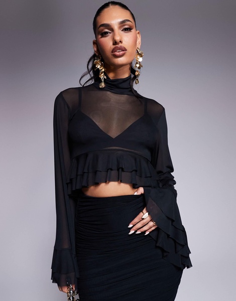 AFRM Pru high neck mesh ruffle top in black - part of a set
