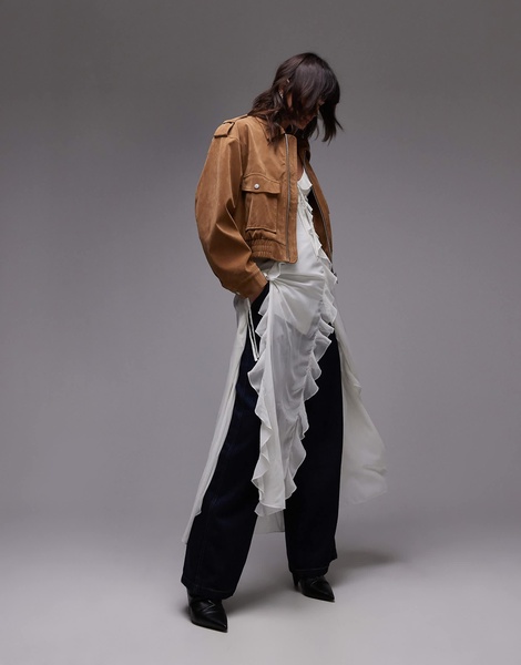 Topshop cropped faux suede bomber jacket with snap details in camel