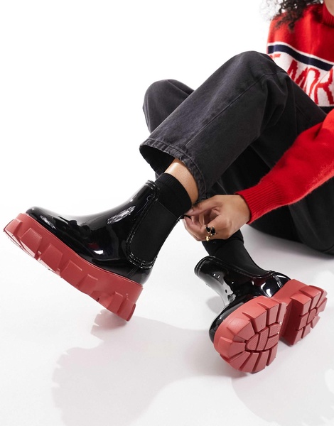ASOS DESIGN Giana chunky chelsea rain boots in black and red