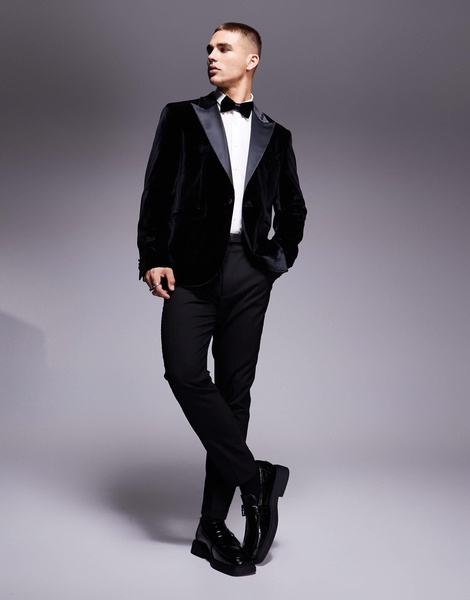 ASOS DESIGN slim velvet tuxedo blazer in black