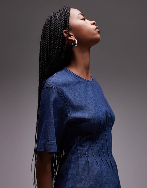 ARKET lightweight denim blouse with pleated bodice in mid wash blue